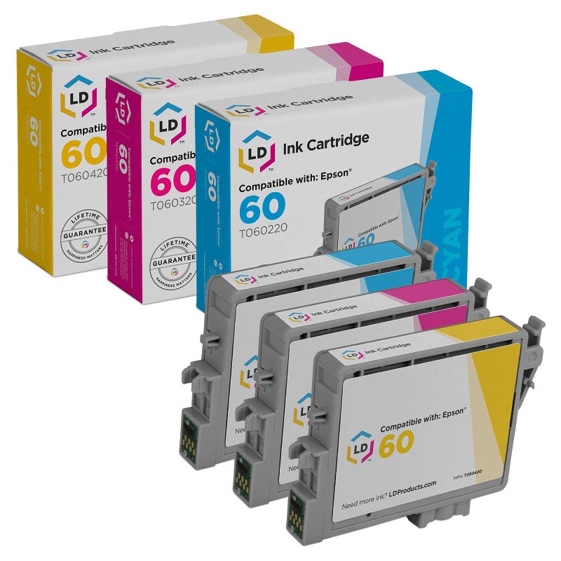 LD Products Remanufactured Ink Cartridge Replacement for Epson 60 T060 (Cyan, Magenta, Yellow, 3-Pack) Compatible with Epson Stylus C88 CX3800 CX3810 CX4200 CX4800 CX5800f CX7800 C68 C88Plus - Image 1